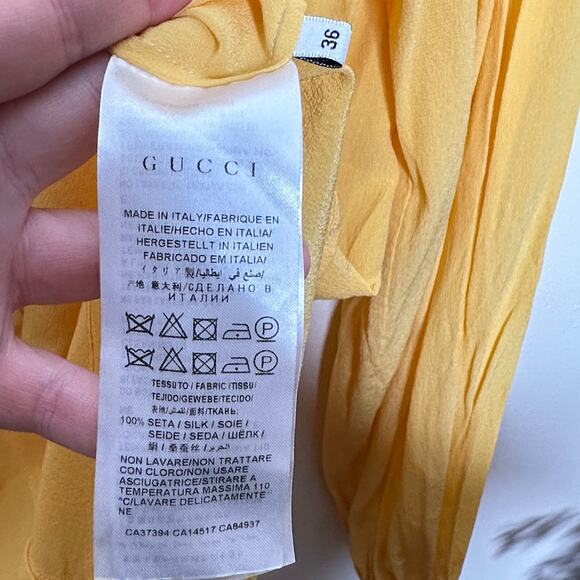 GUCCI Silk Ruffle Jabot Blouse Crepe De Chine Button Down Yellow {L49} - Picture 8 of 9